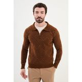 MCR Desenli Kamel Rengi Slim Fit Fermuarlı Polo Yaka Erkek Triko Kazak