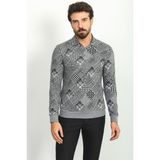 MCR Desenli Siyah Renk Slim Fit Polo Yaka Uzun Kollu Erkek T-Shirt - XL