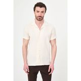 MCR Desenli Slim Fit Apaç Yaka %100 Pamuk Kısa Kollu Erkek Gömlek - Ekru - 2XL