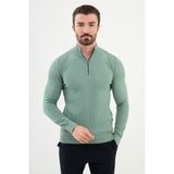 MCR Dokulu Açık Yeşil Slim Fit Fermuarlı Yarım Balıkçı Yaka Erkek Triko Kazak