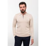 MCR Düz Bej Slim Fit Fermuarlı Polo Yaka Erkek Triko Kazak