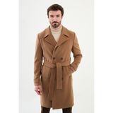 MCR Düz Bej Slim Fit Geniş Yaka Kuşaklı Kruvaze Kaşe Uzun Erkek Kaban - 58