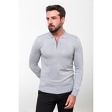 MCR Düz Gri Slim Fit Fermuarlı Polo Yaka Erkek Triko Kazak - 2XL - Açık Gri