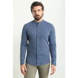 MCR Düz Indigo Rengi Slim Fit Hakim Yaka Basic Keten Erkek Gömlek - İndigo