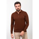 MCR Düz Kiremit Rengi Slim Fit Fermuarlı Polo Yaka Erkek Triko Kazak - 2XL