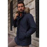 MCR Düz Lacivert Renk Torba Cep Slim Fit Kürklü Kapüşonlu Erkek Kaban - 50