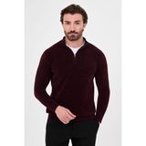 MCR Düz Slim Fit Dik Yaka Fermuarlı Şönil Erkek Triko Kazak - Bordo - XL