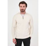 MCR Düz Slim Fit Dik Yaka Fermuarlı Şönil Erkek Triko Kazak - Ekru - XL
