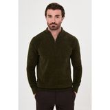 MCR Düz Slim Fit Dik Yaka Fermuarlı Şönil Erkek Triko Kazak - Haki