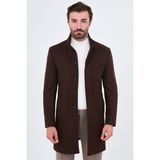 MCR Düz Slim Fit Dik Yaka Gizli Düğmeli Yandan Cepli Yün Erkek Kaşe Kaban - 54 - Kahverengi
