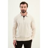 MCR Düz Slim Fit Fermuarlı Polo Yaka Şönil Kumaş Erkek Triko - Ekru