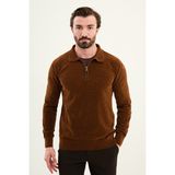 MCR Düz Slim Fit Fermuarlı Polo Yaka Şönil Kumaş Erkek Triko - Kahverengi