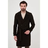 MCR Düz Slim Fit Geniş Yaka Kemerli Kruvaze Kaşe Uzun Erkek Kaban - 50 - Koyu Kahverengi