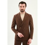 MCR Düz Slim Fit Geniş Yaka Kruvaze Pantolon Beli Lastikli Erkek Takım Elbise - Kamel - 6 Drop - 50