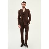 MCR Düz Slim Fit Geniş Yaka Kruvaze Pantolonu Kemer Tokalı Erkek Takım Elbise - Kahverengi - 6 Drop - 56