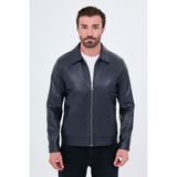 MCR Düz Slim Fit Gömlek Yaka Fermuarlı Suni Deri Erkek Mont - Lacivert - 58