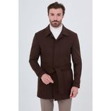 MCR Düz Slim Fit Gömlek Yaka Kuşaklı Kaşe Erkek Kaban - 54 - Koyu Kahverengi