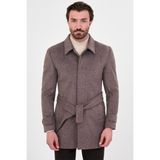 MCR Düz Slim Fit Gömlek Yaka Kuşaklı Kaşe Erkek Kaban - 56 - Sütlü Kahverengi