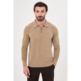 MCR Düz Slim Fit Polo Yaka Fermuarlı Şönil Erkek Triko Kazak - Bej - XL