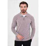 MCR Düz Slim Fit Polo Yaka Fermuarlı Şönil Erkek Triko Kazak - Gri - 2XL