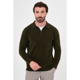 MCR Düz Slim Fit Polo Yaka Fermuarlı Şönil Erkek Triko Kazak - Haki - 2XL