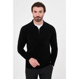 MCR Düz Slim Fit Polo Yaka Fermuarlı Şönil Erkek Triko Kazak - Siyah - 2XL