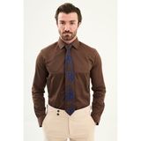 MCR Düz Slim Fit Saten Klasik Erkek Gömlek - Kahverengi