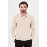 MCR Fitilli Slim Fit Polo Yaka Fermuarlı Erkek Pamuk Triko Kazak - Bej - XL