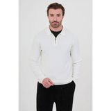 MCR Fitilli Slim Fit Polo Yaka Fermuarlı Erkek Pamuk Triko Kazak - Ekru - XL