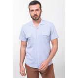 MCR Kırçıllı Mavi Renk Slim Fit Apaç Yaka Kısa Kollu Erkek Gömlek - Saks - Ekru