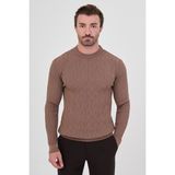 MCR Örgü Desenli Slim Fit Bisiklet Yaka Pamuk Erkek Triko Kazak - Sütlü Kahve - 2XL