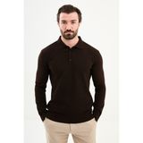 MCR Örgü Desenli Slim Fit Polo Yaka Yün Erkek Triko Kazak - Kahverengi
