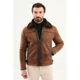 MCR Suni Deri Slim Fit İçi Kürklü Yandan Cep Fermuarlı Erkek Mont - 50 - Kamel