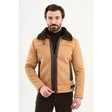 MCR Suni Deri Slim Fit İçi Kürklü Yandan Cep Fermuarlı Erkek Mont - 52 - Bej
