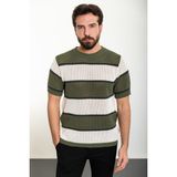 MCR Yatay Çizgili Haki Slim Fit Bisiklet Yaka Erkek Triko T-Shirt - XL