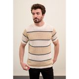 MCR Yatay Çizgili Slim Fit Bisiklet Yaka Erkek Triko T-Shirt - Ekru - XL