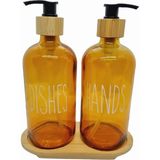 Mcreative 500ML Amber Cam Sıvı Sabunluk Seti, Bulaşık ve El Sabunu Için, Bambu Tepsili