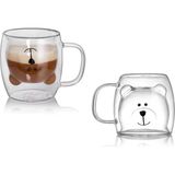 Mcreative Home 2 Adet Ayıcık Tasarımlı Çift Cidarlı Cam Kupa, Borosilikat Termisil Cam, Isıya Dayanıklı Eğlenceli Şeffaf Bardak, 250 ml, Soğuk ve Sıcak Içeceklere Uygun Kulplu