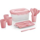 Mcreative Parça Piknik Seti, 4 Kişilik, Tabak, Bardak, Çatal Kaşık Bıçak Takımı ve Saklama Kabı (Pembe)