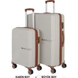 Mçs Bavul Büyük ve Kabin 2li Set Kırılmaz Silikon Valiz V374 Kemik/kahverengi - Kemik - Kahverengi