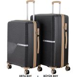 Mçs Bavul Büyük Ve Orta 2Li Set Kırılmaz Silikon Valiz V374 Siyah/Şampanya