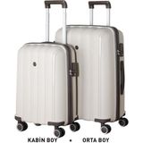 Mçs Bavul Orta Ve Kabin 2Li Set Kırılmaz Silikon Valiz V305 Kemik/Acıkahve