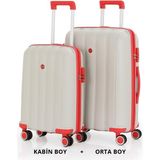 Mçs Bavul Orta Ve Kabin 2Li Set Kırılmaz Silikon Valiz V305 Kemik/Mercan
