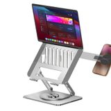 McStorey Laptop Stand Karbon Çelik 360° Döner Ergonomik Yükseklik Ayarlı Soğutucu MagSafe Uyumlu Telefon Tutuculu Gizlenebilir Notebook Tablet Uyumlu Gümüş