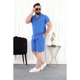 MCZ GİYİM keten Sax Mavisi Renk Slim Fit Erkek Şort - Gömlek Alt Üst Takım