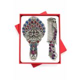 MD Moda Accessories Tavus Kuşu Motifli Renkli Taşlı Vintage El Aynası ve Tarak Seti – Antik Gümüş Tasarım, Hediye Kutulu