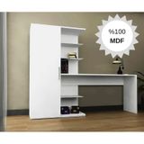 Mdf Narin Raflı Dolaplı Çalışma Masası Beyaz Dolap Solda 1 Beyaz