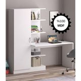 MDF Narin Raflı Kitaplıklı Kapaklı Dolaplı Çalışma Masası - Beyaz (Dolap Sol)