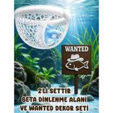 Mdizmir 2'li Set Beta Dinlenme Alanı ve Wanted Dekoru Seti Beta Balıgı Dinlenme Alanı Küçük Akvaryum ve Büyük Akvaryum Uygundur - Beyaz