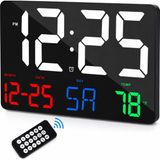 MDSTECH Dijital Duvar Saati Büyük Ekran 25X16 cm Renkli LED Tarih Gün Sıcaklık Alarm Uzaktan Kumandalı - Siyah